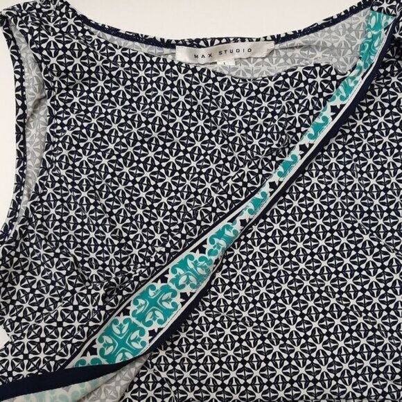 MAX STUDIO Geometric Blue Pattern Stretchy Faux Wrap Mini Dress Sz L - Picture 12 of 15